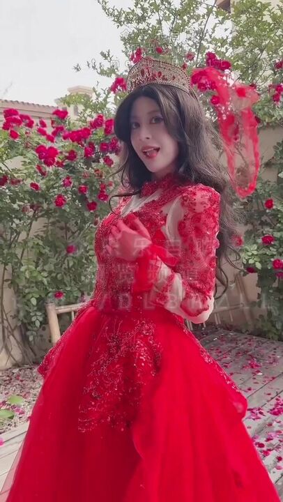 Hot bride in red wedding dress rides on dick 