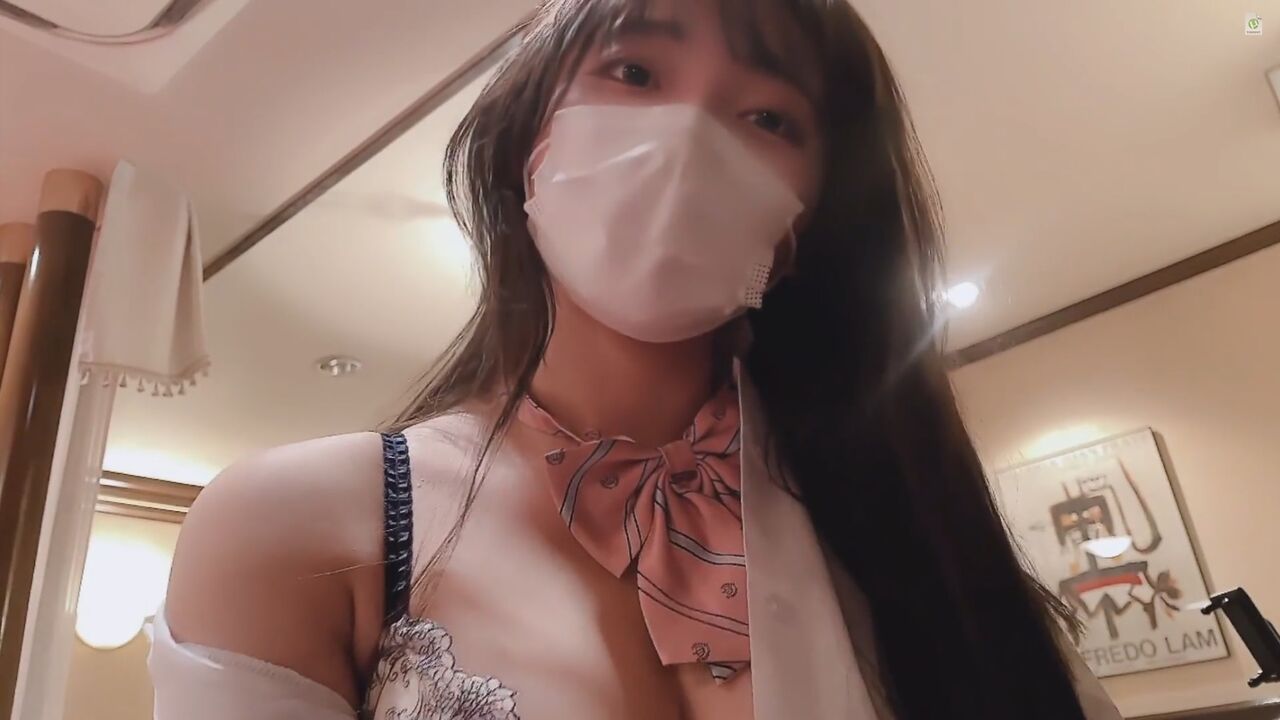⁣Cute school girl with big breasts helps the guy masturbating and rides on dick 